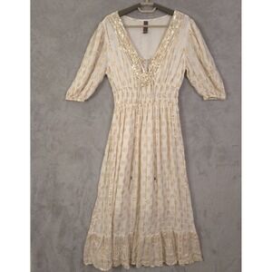 Me 2 Magic Maxi Dress  Anthropologie Ivory Gold M Metallic Sequin Tiered y2k